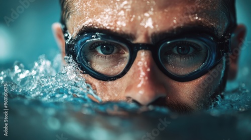 A striking image of a swimmer submerged partially in the pool wearing goggles, with visible splashes around, illustrating determination, focus, and physical strength.