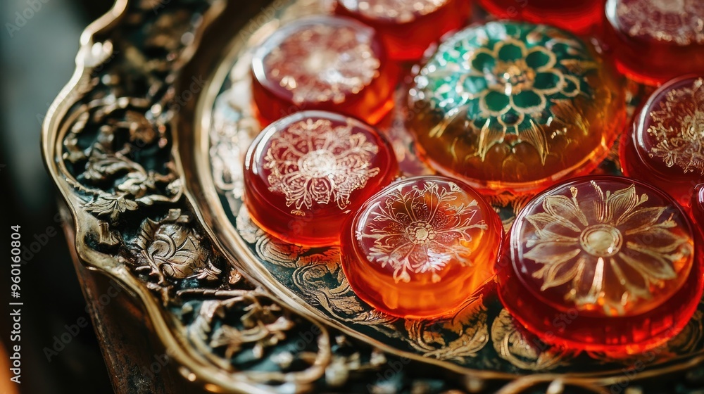 Jelly art with intricate patterns and designs, displayed on a decorative platter Jelly art with intricate patterns and designs, displayed on a decorative platter