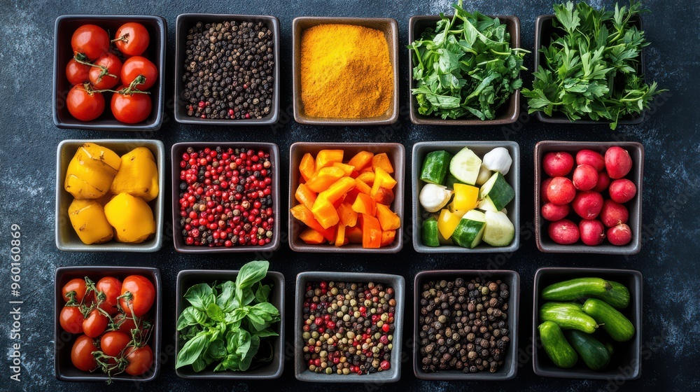 Assortment of Vibrant Spices and Fresh Vegetables Arranged Together Assortment of Vibrant Spices and Fresh Vegetables Arranged Together