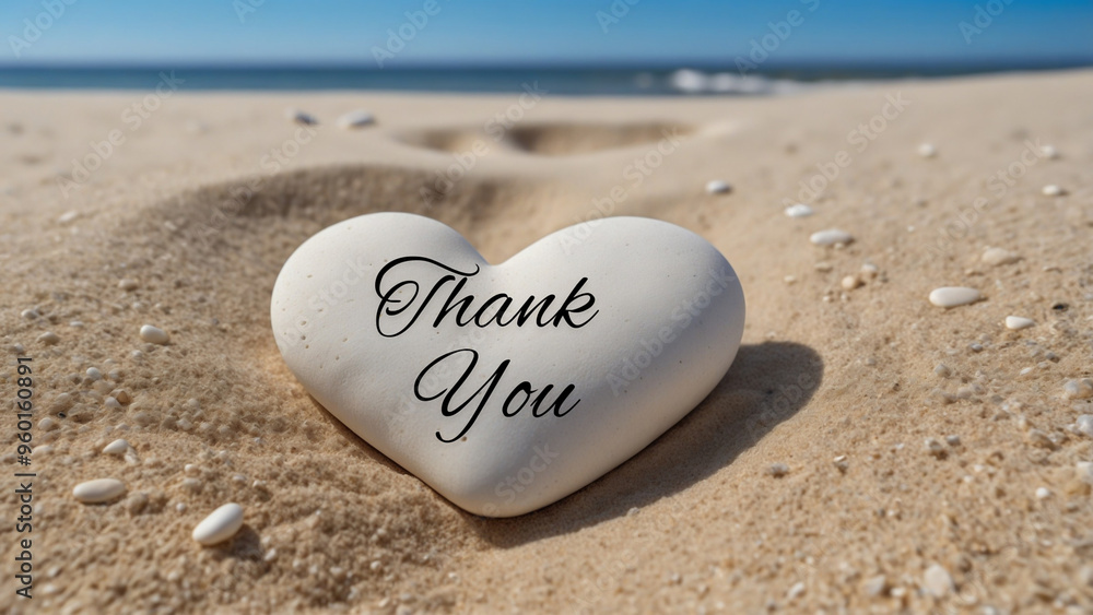 Fototapeta premium Heart shaped pebble stone in the beach with the text thank you 