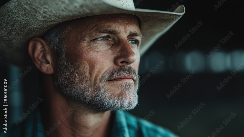 This image shows a close-up of a man in a cowboy hat with minimal lighting, capturing the essence of rural lifestyle and the rugged atmosphere of country living. This image shows a close-up of a man in a cowboy hat with minimal lighting, capturing the essence of rural lifestyle and the rugged atmosphere of country living.
