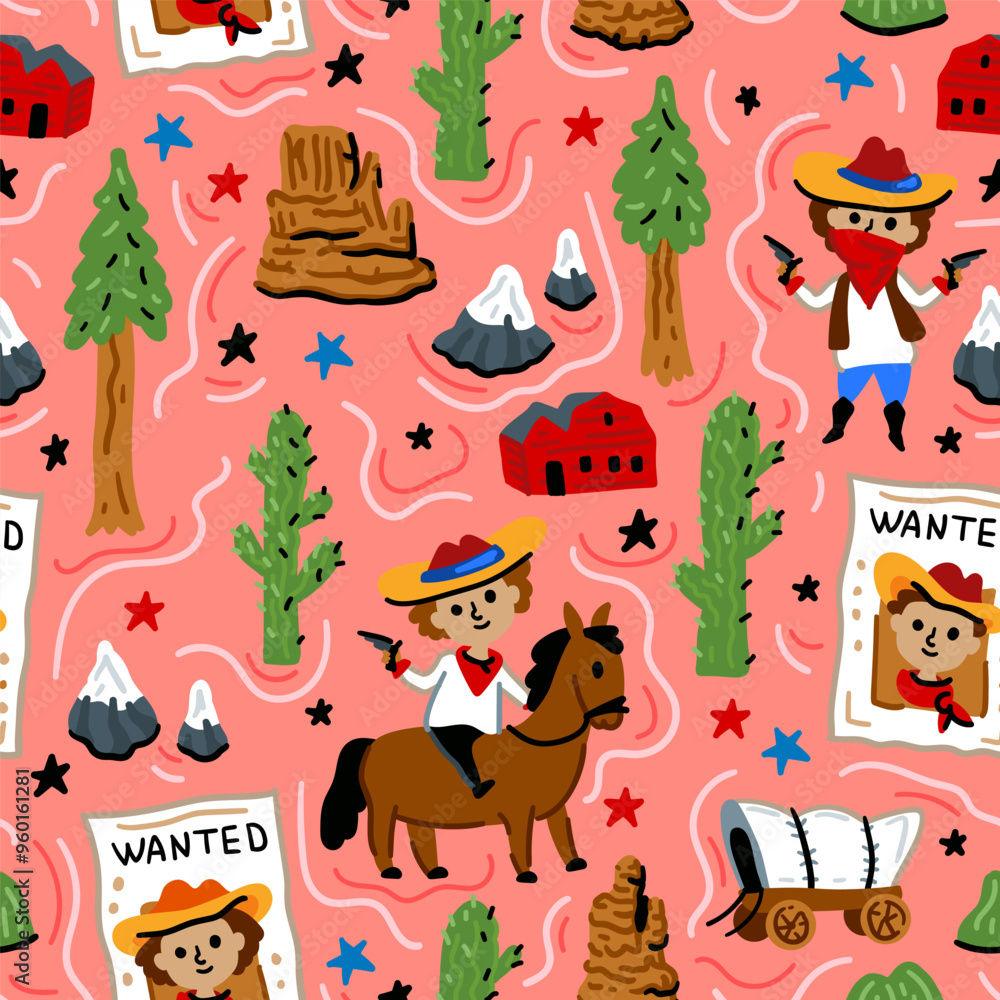 Obraz premium Bright cheerful children seamless vector pattern with American western cowboy from wild west rural Landscape. Childish background. Cheerful characters with animals and plants.