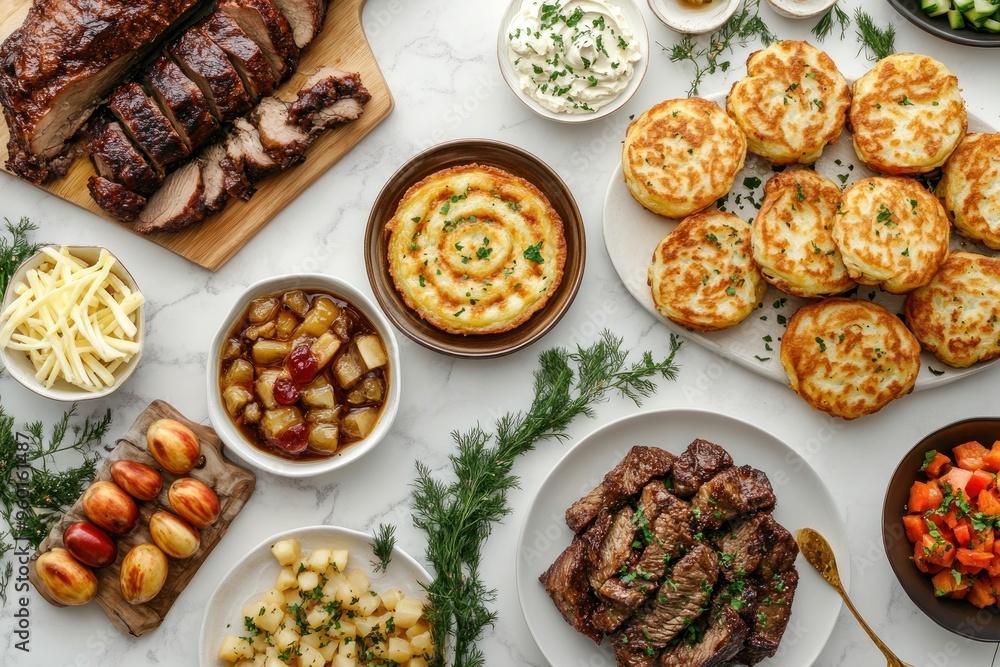 A Feast of Roasted Meats, Potatoes, and Other Delicacies on a White Marble Table A Feast of Roasted Meats, Potatoes, and Other Delicacies on a White Marble Table