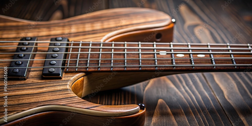 Fototapeta premium Close up of the fretboard of a jazz bass guitar with intricate inlays and strings