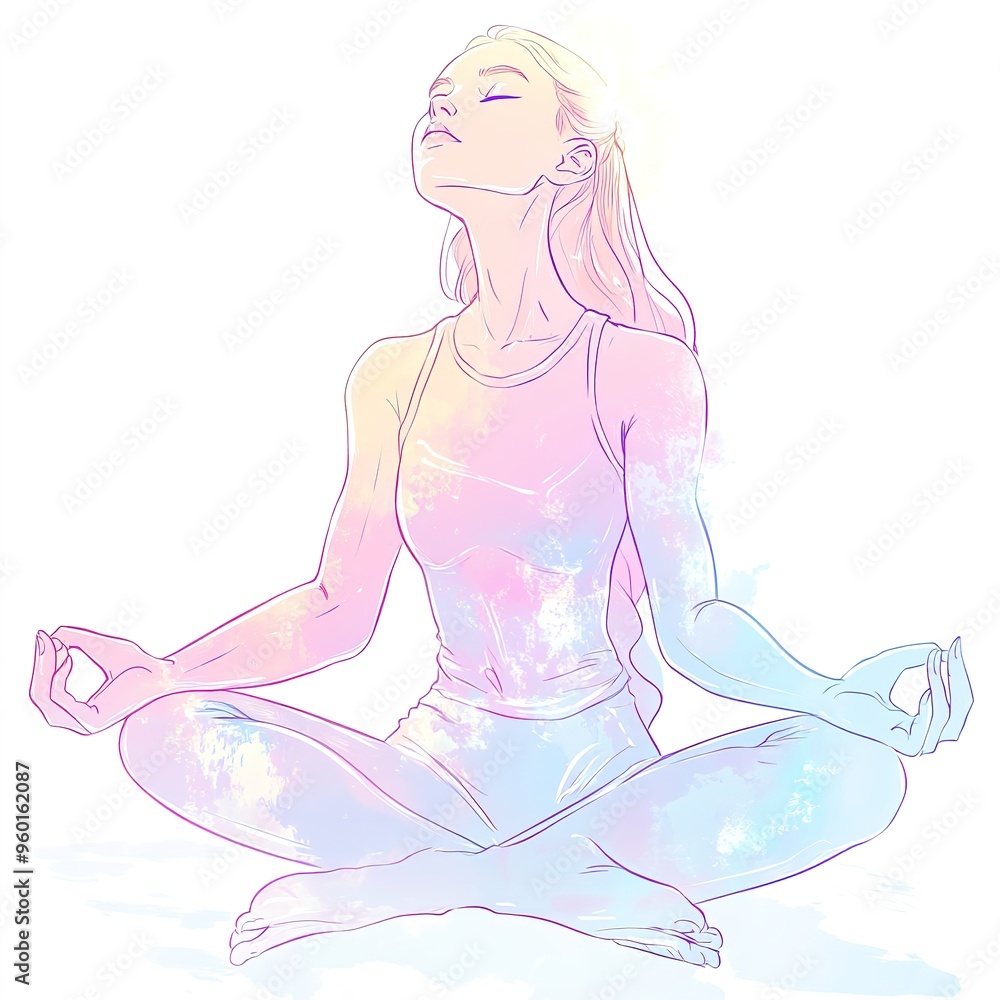 Cartoon girl doing yoga, white background, clip art style, cute and simple design with pastel colors, wearing leggings, on the floor in full length, side view, yoga pose with hands together in prayer Cartoon girl doing yoga, white background, clip art style, cute and simple design with pastel colors, wearing leggings, on the floor in full length, side view, yoga pose with hands together in prayer