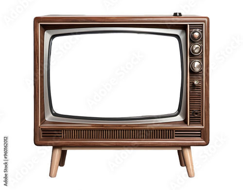 Retro wooden TV box cut out with frame screen cut out, television of 1970s or 80s wood vintage historical show monitor png isolated transparent background
