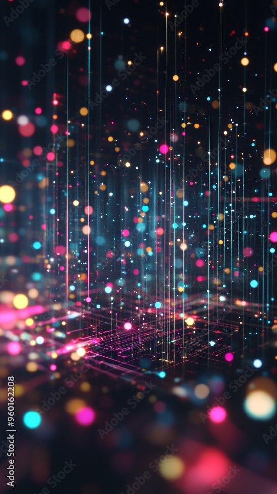 A colorful, abstract image of a cityscape with bright lights and a lot of dots A colorful, abstract image of a cityscape with bright lights and a lot of dots