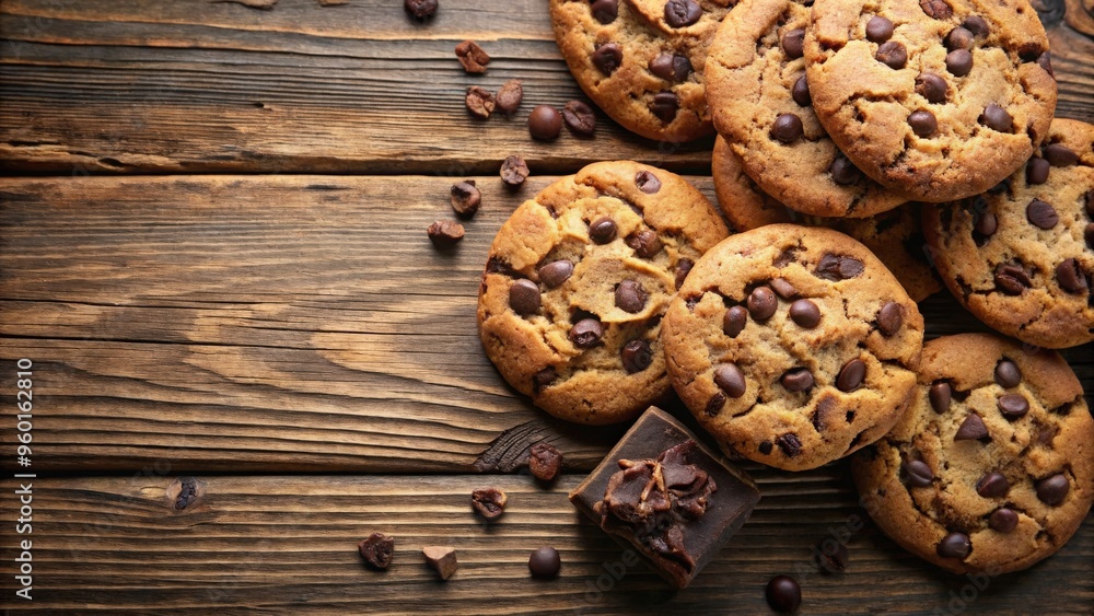Chocolate chip cookies covered in chocolate on a wooden table Chocolate chip cookies covered in chocolate on a wooden table