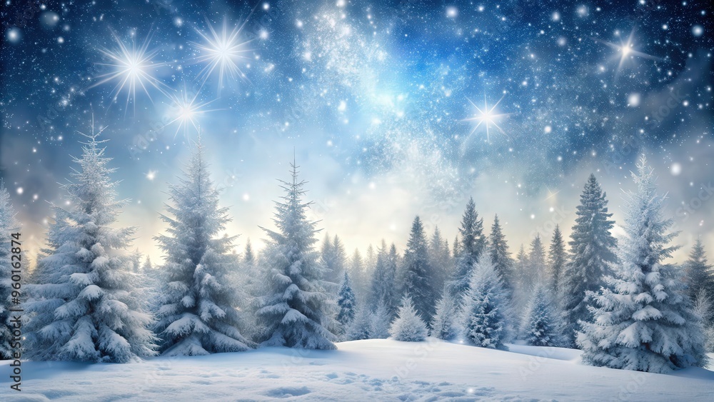 Fototapeta premium Winter wonderland scenery featuring snowy trees against a twinkling silver backdrop with falling snowflakes