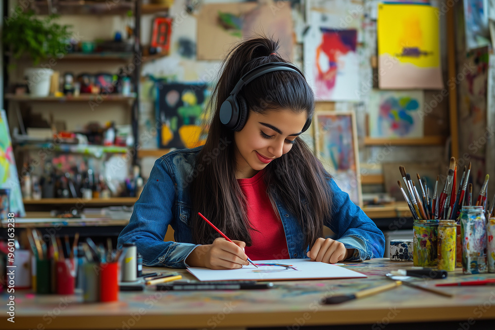 Latin Woman Drawing in Art Class Latin Woman Drawing in Art Class