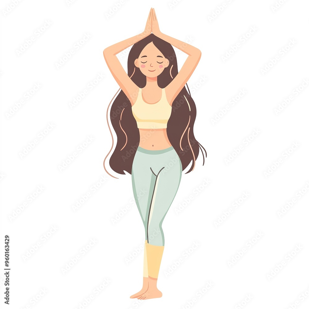 Cartoon girl doing yoga, white background, clip art style, cute and simple design with pastel colors, wearing leggings, on the floor in full length, side view, yoga pose with hands together in prayer Cartoon girl doing yoga, white background, clip art style, cute and simple design with pastel colors, wearing leggings, on the floor in full length, side view, yoga pose with hands together in prayer