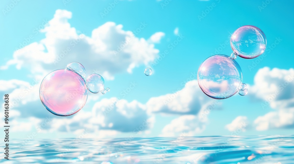 A series of soap bubbles floating on water, with the reflection of the sky and clouds captured in their iridescent surfaces. A series of soap bubbles floating on water, with the reflection of the sky and clouds captured in their iridescent surfaces.