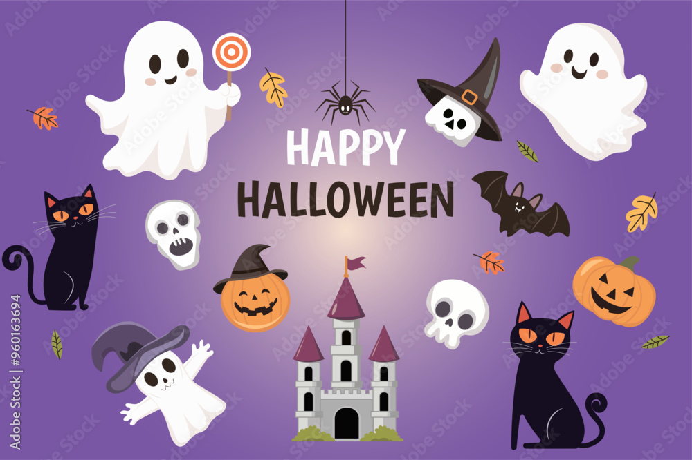 Vector background with elements of a happy Halloween day. Cute ghosts; pumpkins; skulls and cats. Vector background with elements of a happy Halloween day. Cute ghosts; pumpkins; skulls and cats.