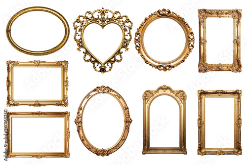 Vintage gold frame png element set, transparent background
