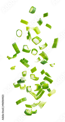 Falling chopped Green Onion isolated on white background