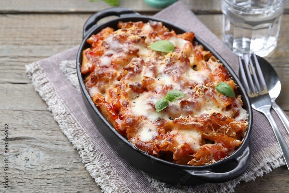 Delicious al forno pasta in baking dish on wooden table, closeup Delicious al forno pasta in baking dish on wooden table, closeup