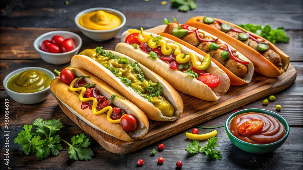 Three mouthwatering hotdogs topped with a variety of delicious condiments Three mouthwatering hotdogs topped with a variety of delicious condiments