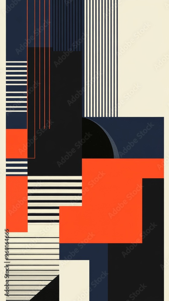 A colorful abstract painting with black and white stripes and red squares A colorful abstract painting with black and white stripes and red squares