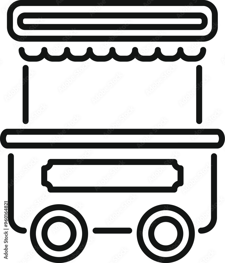 Simple black and white line art illustration of an empty street food cart waiting for customers Simple black and white line art illustration of an empty street food cart waiting for customers