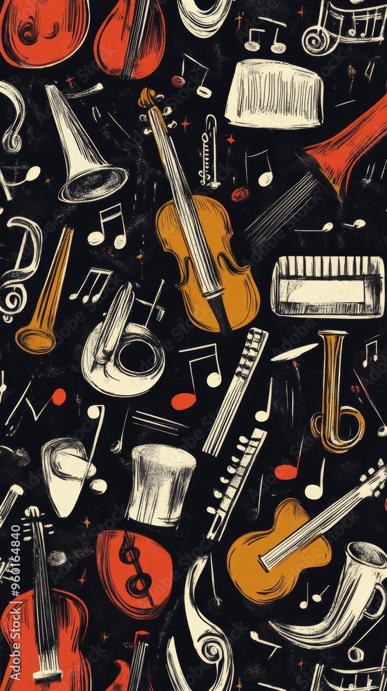 A black and white drawing of various musical instruments and notes A black and white drawing of various musical instruments and notes