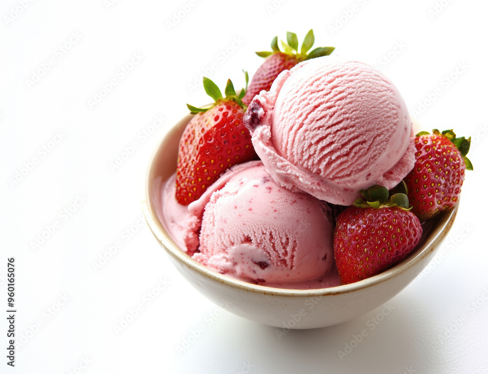 A bowl of ice cream with two scoops and a bunch of strawberries A bowl of ice cream with two scoops and a bunch of strawberries