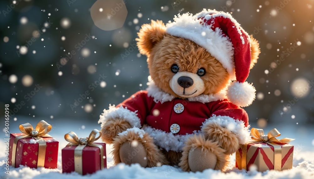Teddy Bear in Santa suit with gifts in snowy weather Teddy Bear in Santa suit with gifts in snowy weather