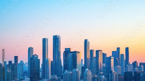 Urban Horizon, a vibrant city skyline against a clear sky, showcasing modern architecture and ample space for text, perfect for promotional or informational use.