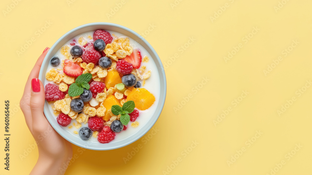 Top-Down View of Woman's Hand Holding Bowl with Milk, Colorful Cereal, and Fruit for Morning Breakfast on Light Yellow Background Top-Down View of Woman's Hand Holding Bowl with Milk, Colorful Cereal, and Fruit for Morning Breakfast on Light Yellow Background