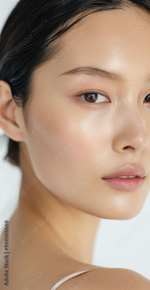 Beautiful Young Asian Woman with Clean, Healthy Skin on a White Background Beautiful Young Asian Woman with Clean, Healthy Skin on a White Background