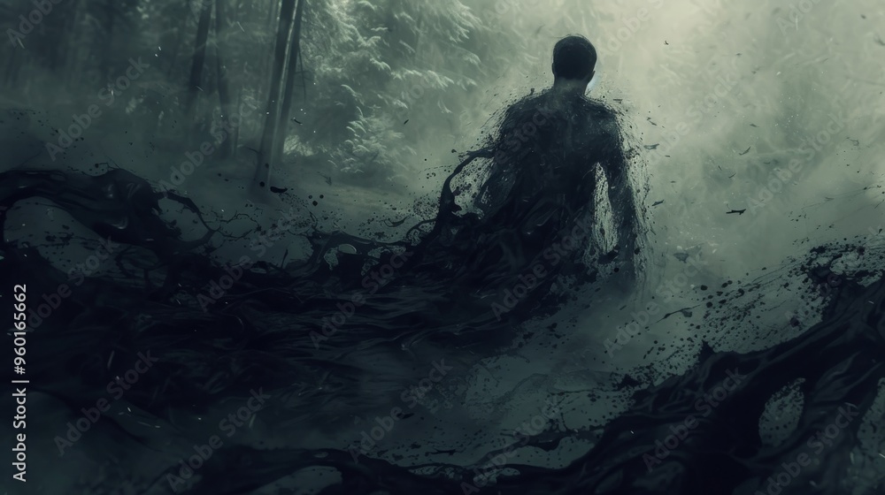 A haunting image of a man seemingly dissolving into a dark, swirling mist within a forest. The surreal and eerie atmosphere makes this perfect for fantasy, transformation, and dreamlike themes. A haunting image of a man seemingly dissolving into a dark, swirling mist within a forest. The surreal and eerie atmosphere makes this perfect for fantasy, transformation, and dreamlike themes.