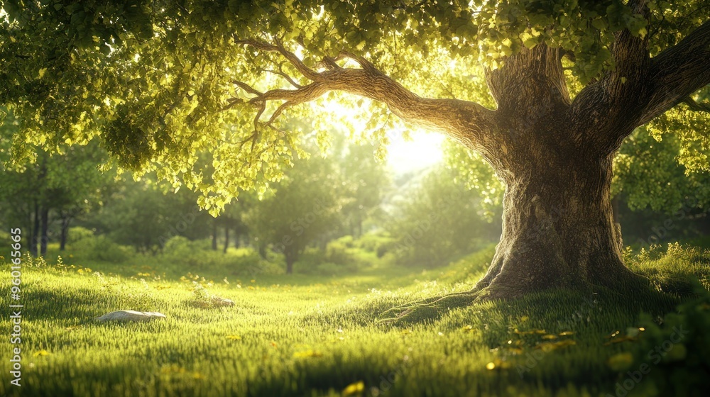 Fototapeta premium Sunlit Tree in a Lush Forest