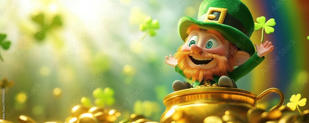 3D animation of a joyful leprechaun sitting on a pot of gold surrounded by clovers and a glowing rainbow in the background 3D animation of a joyful leprechaun sitting on a pot of gold surrounded by clovers and a glowing rainbow in the background