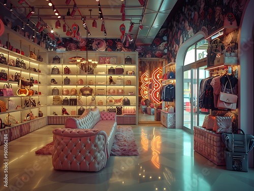 Inside a boutique in Paris, customers explore a luxurious selection of handbags displayed against vibrant decor, creating a chic and inviting atmosphere
