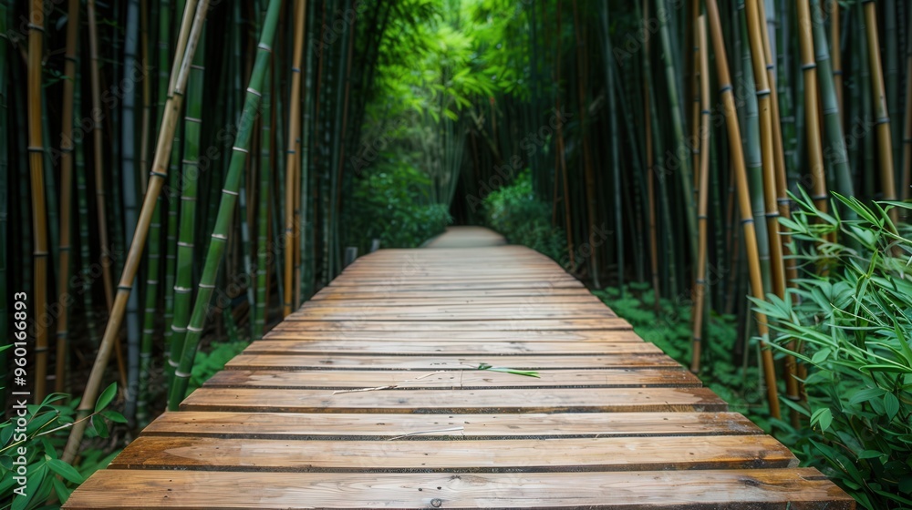 Obraz premium Serene Trail Through Lush Bamboo Grove, a winding wooden path invites exploration, framed by towering green bamboo, creating a tranquil escape into nature's embrace.
