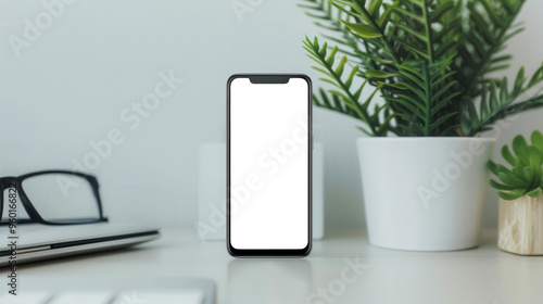 Wallpaper Mural Sleek Smartphone in Minimalist Workspace, Vivid Display Under Sunlight, Clean Aesthetics, Tech-Focused Setup, Eye-Level View, Ample Copy Space for Text, Enhanced Productivity Scene Torontodigital.ca