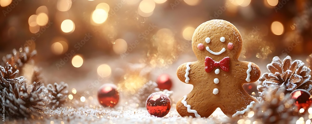 Festive Christmas Photo - Gingerbread Man with Red Ornaments and Pine Cones Festive Christmas Photo - Gingerbread Man with Red Ornaments and Pine Cones