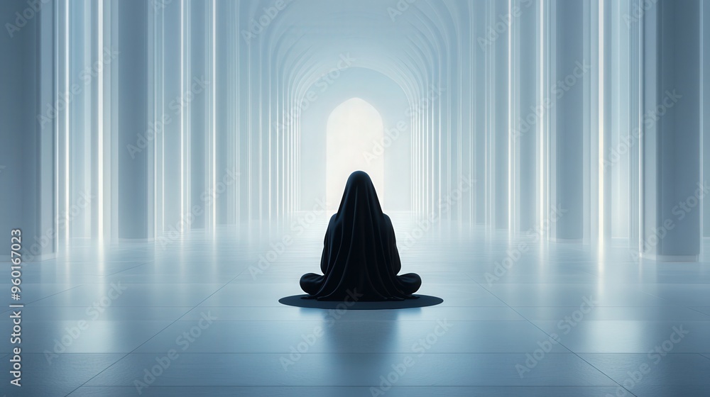Female Sufi in black abaya seated in expansive white mosque, intricate architectural details surround her, serene atmosphere, harmonious blend of spirituality and elegance Female Sufi in black abaya seated in expansive white mosque, intricate architectural details surround her, serene atmosphere, harmonious blend of spirituality and elegance