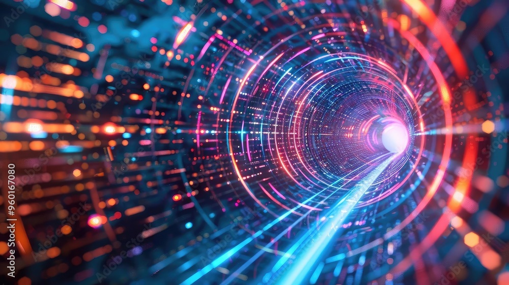 A vibrant digital tunnel showing beams of light and flowing data. Perfect for technology, abstract, and futuristic themes. A vibrant digital tunnel showing beams of light and flowing data. Perfect for technology, abstract, and futuristic themes.