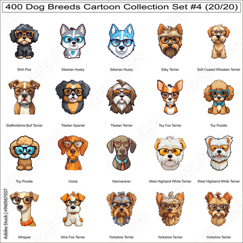 Funny Dog Breeds Cartoon Characters Cute Dogs Bundle Collection Set 4 of 400 Dog Faces Isolated Part 20