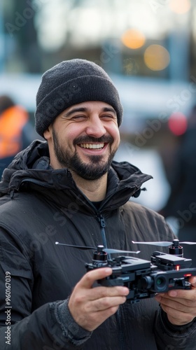 A drone operator smiling confidently, holding a drone remote control