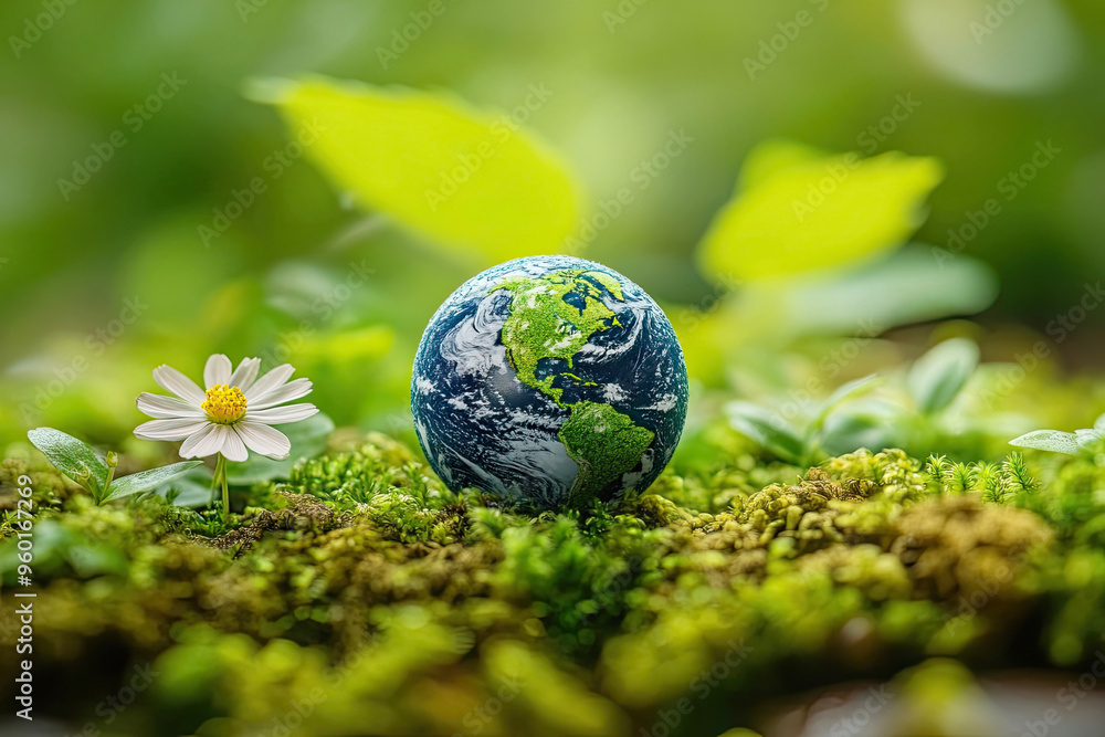 Miniature Earth resting on moss with a daisy Miniature Earth resting on moss with a daisy