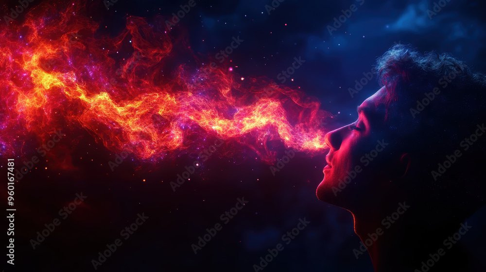 A man is blowing a red fire out of his mouth A man is blowing a red fire out of his mouth