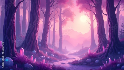 Surreal Crystalline Forest with Faceted Trees Under Pink Sky