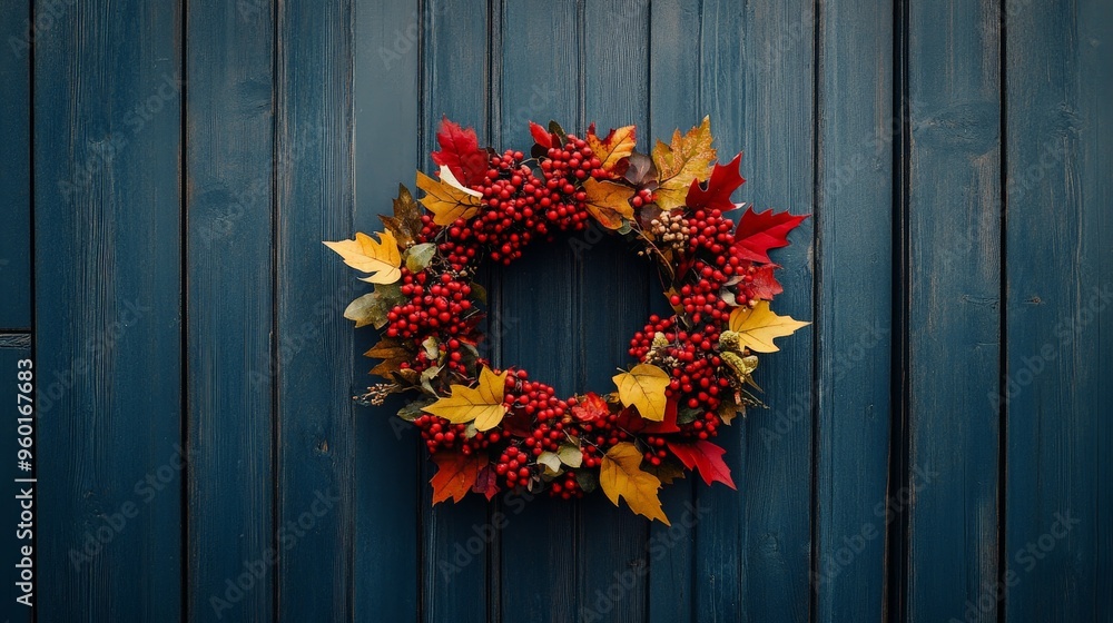 Vibrant Autumn Wreath on Wooden Door Vibrant Autumn Wreath on Wooden Door