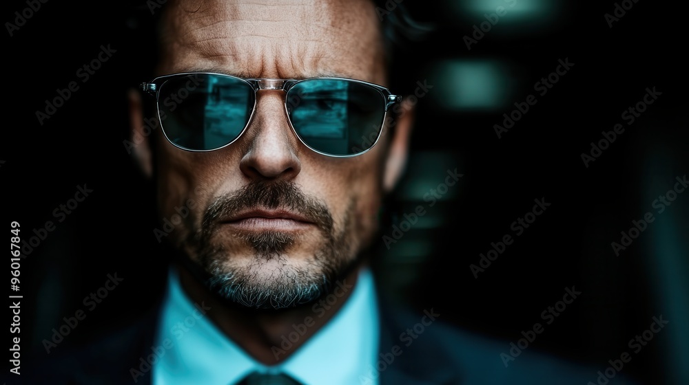 A man wearing sunglasses and a suit looks ahead with a focused and intense expression, radiating confidence and determination, representing a modern, powerful, and professional image. A man wearing sunglasses and a suit looks ahead with a focused and intense expression, radiating confidence and determination, representing a modern, powerful, and professional image.