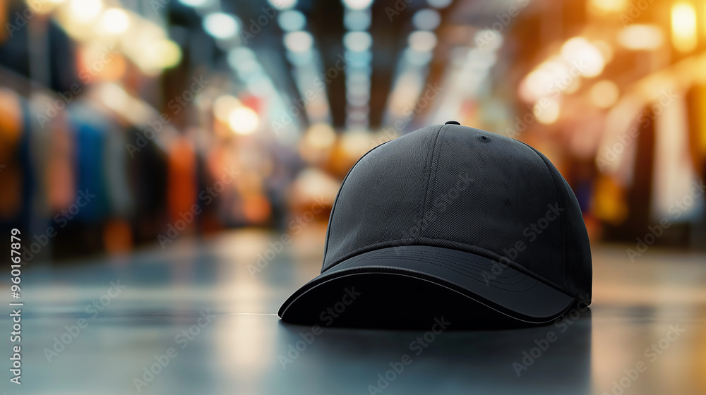 A trendy cap mockup with modern graphics, showcased on a blurred background of a streetwear boutique. A trendy cap mockup with modern graphics, showcased on a blurred background of a streetwear boutique.