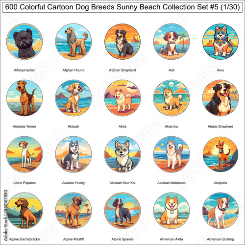 Colorful Dog Breeds Cartoon Characters Sunny Beach Bundle Collection Set 5 of 600 Dog Faces Isolated Part 1