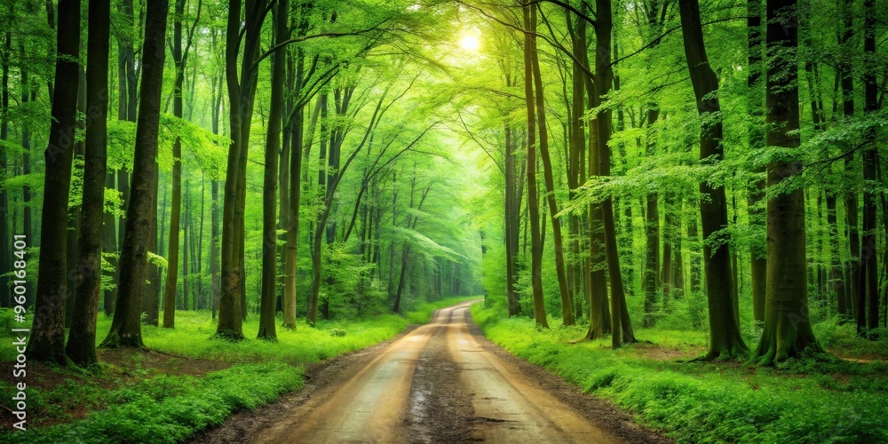 Naklejka premium A stunning image of green forest lanes parting on a dirt road