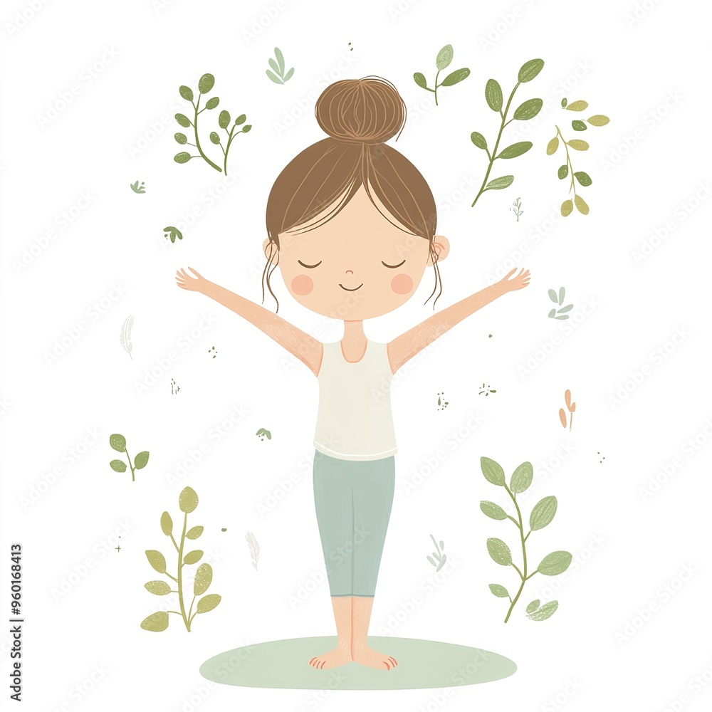 Cartoon girl doing yoga, white background, clip art style, cute and simple design with pastel colors, wearing leggings, on the floor in full length, side view, yoga pose with hands together in prayer Cartoon girl doing yoga, white background, clip art style, cute and simple design with pastel colors, wearing leggings, on the floor in full length, side view, yoga pose with hands together in prayer