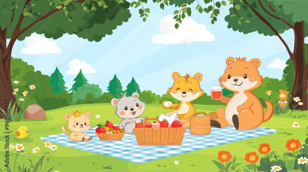 A family of animals participating in a family activity, having a picnic in the park A family of animals participating in a family activity, having a picnic in the park